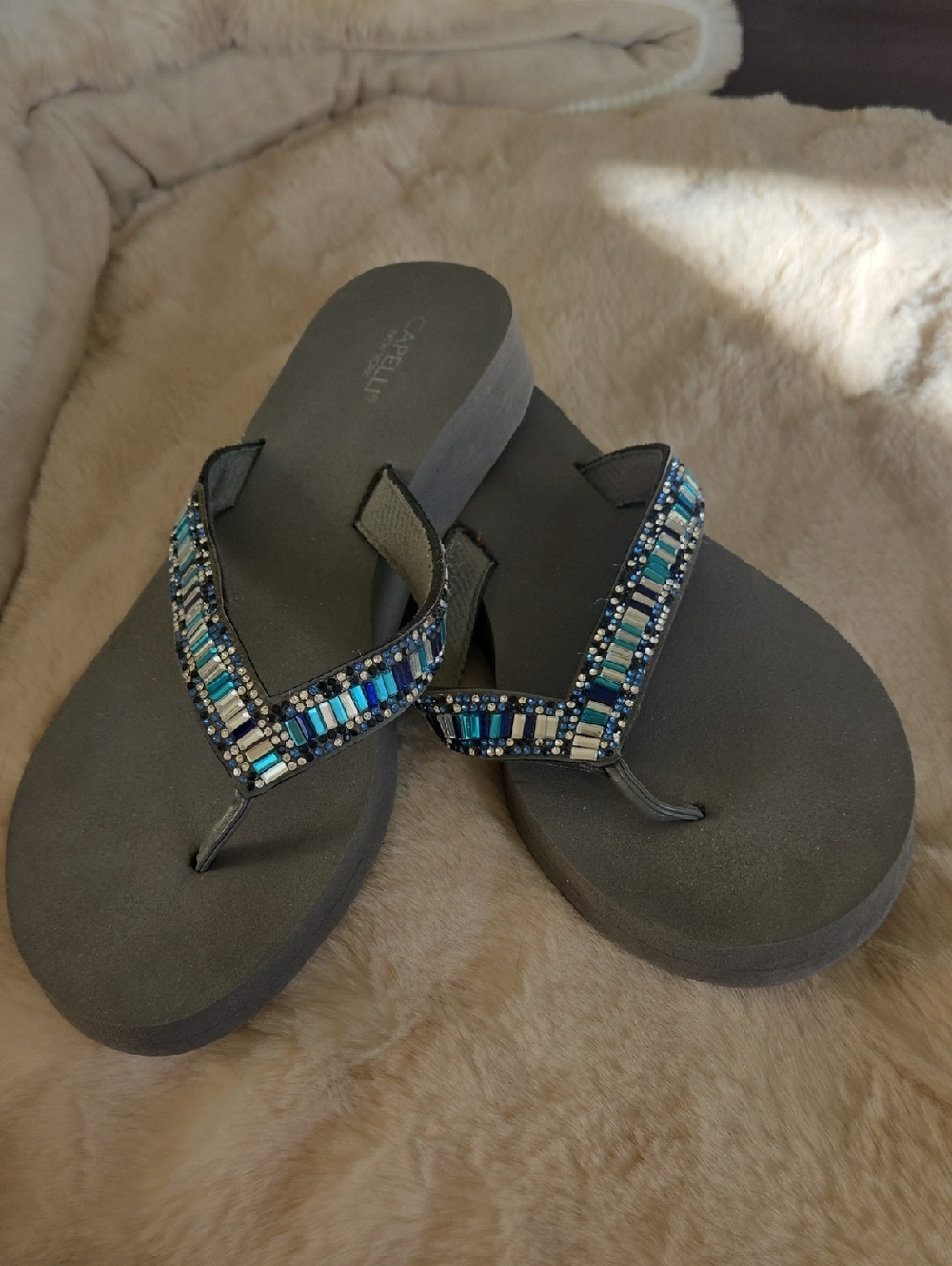 Capelli of New York Gray Wedge Sandals with Blue Bead Accents